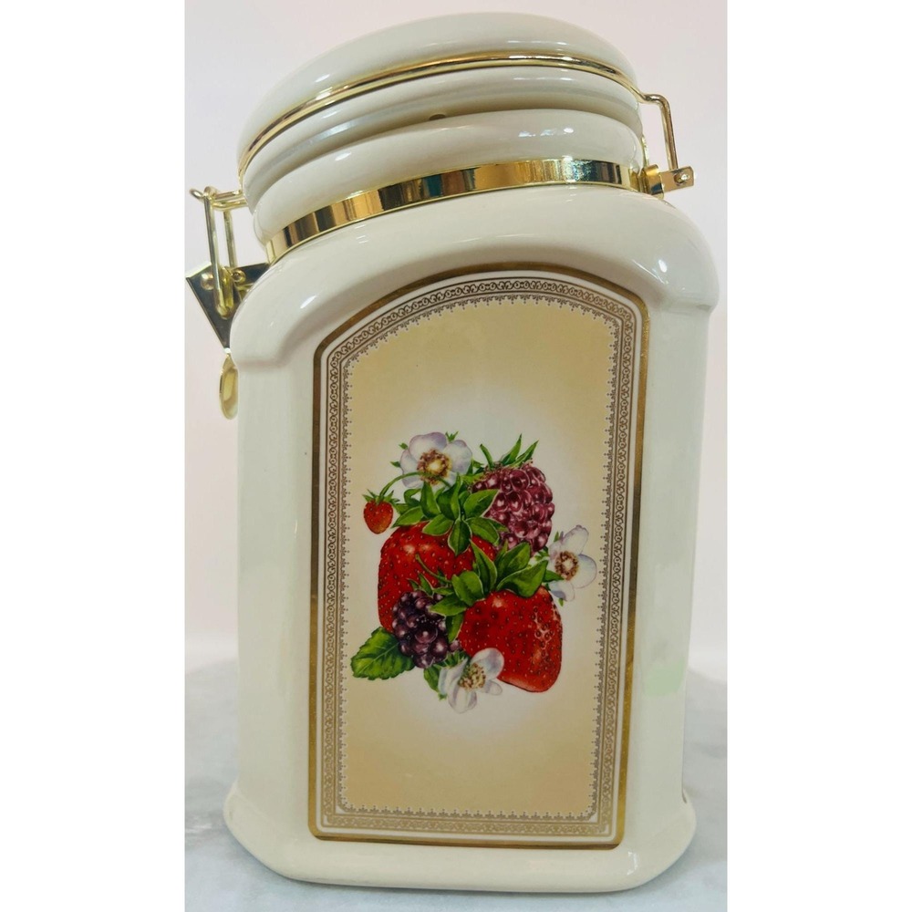 Vtg Lg Knotts Berry Farm Ceramic Canister Cookie‎ Jar Fruit Design Gold Accents